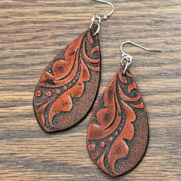 Elongated Tooled Leather Earrings - Picture 2 of 4